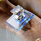 LED Glas Wasserhahn Wasserfall Waschtischarmatur mit RGB 3 Farbewechsel Beleuchtung Wasserfall Auslauf Waschtischarmatur Einhandmischer Heißes und kaltes W