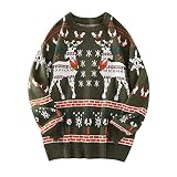 Sweaters for Men Casual Christmas Deer Print Sweater Long Sleeve Round Neck Sweater Blouse Base Sweater (Green, S)