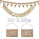 MiaLover Hochzeitsdeko Vintage Set,Just Married Sackleinen Banner Girlande Herz Jute Wimpelkette Hochzeit Mr & Mrs Buchstaben Holz Hochzeitsdeko Vintage und Mr & Mrs Stuhl Deko Banner für H