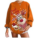 Kobay Damen Winter Casual Mantel Oberteile Elegant Langarmshirt Frauen Christmas Print Rundhals Pullover Lose Sport Tops Pullover(Orange, S) 349