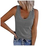 Masrin Solide Tanktops für Damen Ärmelloses Hemd mit U-Ausschnitt Sommer Lässige Rippenstrick-Trainings-T-Shirt-Bluse(L,Grau)