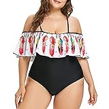 Bikini Grosse Grössen Badeanzug Damen bauchweg Rüschen Einteiliger Badeanzug Bademode Schulterfreier Spaghetti Träger Bikinis mit Feder Druck Strandkleidung Swimwear Sw