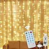 Realky LED Lichtervorhang mit USB-Anschluss 3 m x 3 m 300 LEDs,12 Modi mit 4 Musikmodi,Dekoration für Haus,Party, Weihnachtsbaum, Hochzeit, Garten [warmweiß]