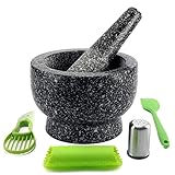 IPROUDER Granite Mortar and Pestle Set-Granitmörtel- und Stößel-Set 6 Inch, Polierter Massiver Steinschleifer- Avocado Schüssel – enthält:Abschlagmaschine+Spatel+Knob