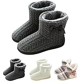 GURGER Hausstiefel Damen Plüsch Hausschuhe Hohe Hüttenschuhe Gefüttert Warm Winter Pantoffeln Strick Slipper Feste Sohle für Frauen Grau Gr. 39 40