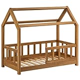 Hausbett für Kinder 70x140 cm - Schönes Kinderbett aus Holz mit Rausfallschutz | Jugendbett im skandinavischen Haus Stil | 70 x 140 Bett aus Eiche inkl. Lattenrost | Massivholz E