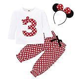 FYMNSI Baby Kleinkinder Mädchen 3. Dritter Geburtstag Minnie Kostüm Outfit Retro Gepunktet Baumwolle Langarm Top T Shirt + Lange Hosen + Ohr Stirnband 3tlg Bekleidungsset Rot 3 2-3 J