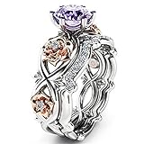 Violett Damen Rose-Ringe Set Vergoldet Sterling Verlobungsring Rundschliff Zirkonia Diamant SolitäRring Antragsring Eheringe Finger Stackable Rings Set FüR Frauen Geschenk