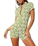Mosiolya Damen Y2K Mode Floral Printed Button Up Strampler Sexy Kurzarm Revers Hals Kurz Jumpsuit für Sommer, C-grün, S