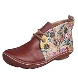 Booties Frauen Retro Leder Flache Schnürung Blumendruck Kurze Runde Zehen Schuhe (41,Braun)