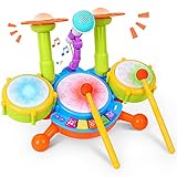 Kinder Trommel Set, Rabing Musikinstrumentenspielzeug mit 2 Trommelstöcken, Beats Flash Light und verstellbarem Mikrofon für Jungen und Mädchen im Alter von 1-12 J