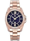Alienwork Armbanduhr Damen Rose-Gold Edelstahl Metallarmband Kalender Datum echtes Marmor Zifferblatt Strass-Steinen Eleg