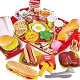 BUYGER 63 Stück Spielzeug Lebensmittel Küchenspielzeug Rollenspielzeug für Kinder, Hamburger Pizza Gemüse Spielzeug, Geschenk fü