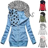 TWIOIOVE Mode Polka Dot Streifendruck Übergangsjacke Damen Herbst Winter Casual Stoffjacke Outdoorjacke mit Einstellbarer Kordelzug Mäntel Leicht Lang Hoodie Sweatshirt Winddicht Outw