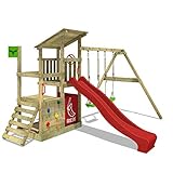 FATMOOSE Spielturm Klettergerüst FruityForest Fun XXL mit Doppel-Schaukel & roter Rutsche, Spielhaus mit Sandkasten, Kletterwand & viel Spiel-Zubehö