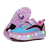 DLBJ Kinderschuhe mit LED-Licht, aufladbar, mit Rädern, einziehbar, Rollschuhe, Sneakers, für Unisex, Mädchen, Jungen, Anfänger, Geschenk, rose, 28