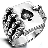 Flongo Edelstahl Ring Silber Schwarz Pik A Spades A Poker Karten Totenkopf Schädel Hand Gotik Herren - Größe 59