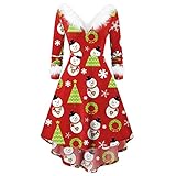 Damen Weihnachtskleid 50er Jahre Vintage Langarm A-Linie Rockabilly Abendkleider Mit Faux-Plüsch V-Kragen Cocktailkleider Elegant Frauen Kleider Miss Santa Weihnachtsfrau Schulterfreies Party