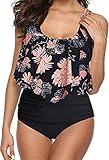 Octopus Sommer 2021 -Damen Tankini Set mit Bauch Weg Effekt Push Up Badeanzug Neu f5480 Farbe: Bikini Schwarz geblümt B21(1448)+S11(sw), Gr. 46