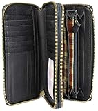 Hill Burry hochwertige XXL Vintage Leder Damen Geldbörse Portemonnaie langes Portmonee Geldbeutel Organizer aus weichem Leder mit extra vielen Fächern inkl. RFID in schwarz - 20x11x3,5cm (B x H x T)