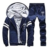 LFANH Herren Casual Trainingsuit Mit Kapuze Plus Fleece, Um Warmes Langarmes Full-Zip-Laufwerk-Sportjacke Und -Hosen Zu Halten,Blau,XXXL