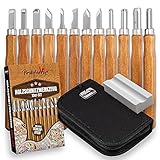 Piratebunny Holzschnitzwerkzeug Set – 12 Stück – Schnitzmesser – Für Profis & Anfänger – Schnitzwerkzeug für Holz Linoleum Obst Gemüse Wax etc. – Mit Schleifstein & T