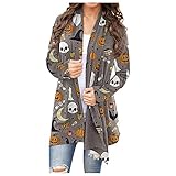 Orgrul Halloween Strickjacke Damen Lose Cardigan, Lässige Langarm Vorne Offen Lang Strickcardigan mit Kürbis Geist Motiv Frauen Open-Front Outerwear Strickpullover Schulterjacke 222C (L, T)