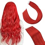 Tape Extensions Echthaar Rot Glatt 45cm Haar, Ugeat Haarverlängerungen Tape in Echthaar Doppelseitig klebende Hair Extensions Unsichtbare Tape Extensions 10 Stück 25 Gramm Rot E