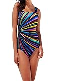 KaloryWee Damen Klassisch Monokini Tauchbadeanzug Bunte Streifen Strahlungsmuster Push Up Swimsuit Beachwear Plus Size Surfanzug L-5XL