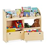 Relaxdays Kinderregal, Spielzeug Aufbewahrung, Kunststoff Boxen, Bücherregal, MDF, HxBxT: 88 x 108 x 29 cm, Holzoptik, Beig