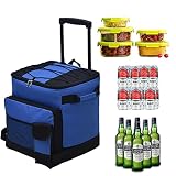 43L Kühltasche Gross Picknicktasche Faltbar Lunchtasche Mittagessen Tasche Thermotasche Isoliertasche mit Spurstangen und Rollen,für Campingtasche Picknick Outdoor Reisen Einkauf Auto (Blau)