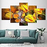 5 canvas prints, Schmetterling, gelb, Tulpen, modernen print-gestreckt Kunstwerk für home Dekoration Holz gerahmte, bereit zu hängen(60'W x32'H)