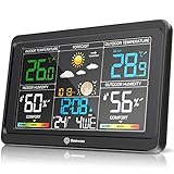 Geevon Wetterstation Funk mit Außensensor, Innen- und Außentemperatur mit Wettervorhersage, Digitaler Farbdisplay Thermometer Hygrometer, Wecker mit Snooze, Uhrzeitanzeige und Barometer (Schwarz)