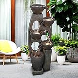 sunjert 101cm 5-stufiger Outdoor-Wasserbrunnen - Moderner bodenstehender Harzbrunnen mit warmem LED-beleuchtetem Wasserfall für Patio-G