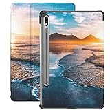 Hülle für Galaxy Tablet S7 Plus 12,4 Zoll Hülle 2020 mit S-Stifthalter,Amazing Beach Sunset Endless Horizon Lonely Slim Stand Schutzfolienhülle für Samsung