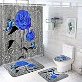 TAMOC Duschvorhang-Sets mit rutschfestem Teppich, WC-Deckelbezug und Badematte, Schmetterlings-Duschvorhang mit 12 Haken, wasserdichter Stoff, grauer Blumenmuster, Duschvorhänge für Badezimmer-Dek