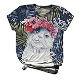 Shirt Damen Kurzarm Lustig Cartoon Katze Drucken T-Shirts Animal Print Rundhals Grafik Blumen Süße Retro Casual Tops Tee Sommer Locker Top Tunika Bluse Oberteile Teenager Mädchen Hemd T