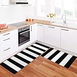 Küchenläufer und -matten aus Baumwolle, 2 Stück, gestreift, gewebt, für Küche, Waschbecken, Waschmaschine, Badezimmer, 43,2 x 68,6 cm + 43,2 x 149,9 cm, Schwarz / Weiß