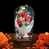 Moiitee Die Schöne und das Biest Rose, Valentinstag-Rosenlicht, 3 Rosen mit LED-Licht, Holzsockel, Seifenblätter, romantisches Geschenk für Hochzeit, Jahrestag, Muttertag, Geburtstag
