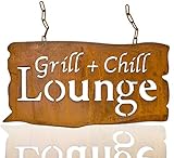 B2S BACK2SEASON Metall Tafel Grill und Chill Lounge Rost Kette aufhängen Schild Schriftzug Garten Dekoration Frühling Sommer Spruch rostig Gartendeko Eisen Edelrost Hausdeko Gartenschild braun L45