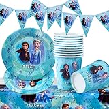 PAWT 26 Geburtstagsdeko Anna ELSA Set, Gefrorene Königin Eiskönigin Geburtstagsdeko, 12 Teller, 12 Becher, 1 Dreiecksbanner und 1 Tischdecke für 12 Kinder Geburtstag Partygeschirr Dekoration S