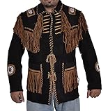 Classyak Indischer Cowboy-Ledermantel für Herren, mit Fransen und Perlen Gr. XXXL, Schwarzes W