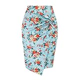 OLDM Wear to Work Bleistiftröcke für Damen, elastisch, hohe Taille, Wickelrock, Blumendruck, verdrehtes kurzes Kleid, Stretch, Midi-Bleistiftrock, elegant, blau, X-Larg