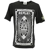 Replay, Herren Kurzarm Shirt T-Shirt Dünner Jersey Schwarz Weiss M [22094]