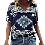 Damen T-Shirt Kurzarm Sommer Shirt mit Allover-Minimal Print Causal Oberteil Bluse Tops(D5 - Navy, X-Large)