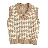 DAMAIJSQ Stricken Damen Weste - Damen V-Ausschnitt Zopfwesten Strickweste Schwarz Weiß Hahnentrittmuster Klassisch Casual Tank Top Vintage Pullover Ärmelloser Pullover Uniform Preppy Style,Khaki,2XL