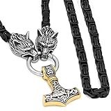 WDBAYXH Wikinger Schwarz Mischgold Thors Hammer Anhänger Fenrir Wolfskopf Königskette Halskette, Mjolnir Amulett Handgefertigter Edelstahl Nordischer Skandinavischer Keltischer Schmuck,Gold,80CM