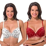 Curve Muse Damen Bügel Übergröße Hochdrücken Fügen Sie 1 und eine halbe Tasse Spitzen-BHS hinzu- 2er Pack-Weiss/SCHWARZ, ROT/WEISS-90E