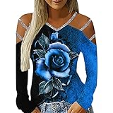 Damen Trendige Oberteile Modisches T Shirt mit fünfzackigem Stern Motiv und heißem Bohren Pullover mit Paillettennähten Sexy schulterfreie Sling Shirts Durchsichtige Tunika B