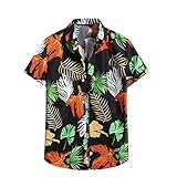 BIBOKAOKE Kurzarmhemden Herren Sommer Funky Hawaii-Print Hemd Dünne Leinenoptik Freizeithemden Fashion Revers Henley Shirt Blumenhemd Männer Atmungsaktive T-Shirts Kurzarm Urlaub S